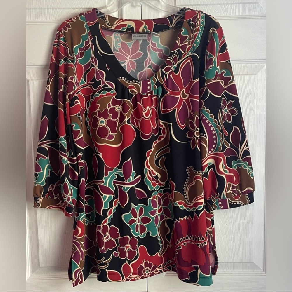 Chico’s Floral Print Multicolor 3/4 Sleeve Top Size 2 (Large/12)